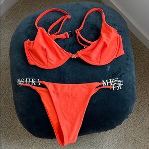 Meshki Neon Orange Bikini with chain logo on the sides